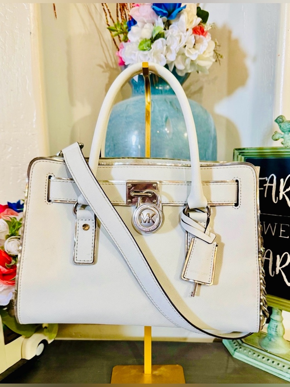 Michael Kors Hamilton White Saffiano Satchel w Silver Hardware & Working Lock - Picture 1 of 14